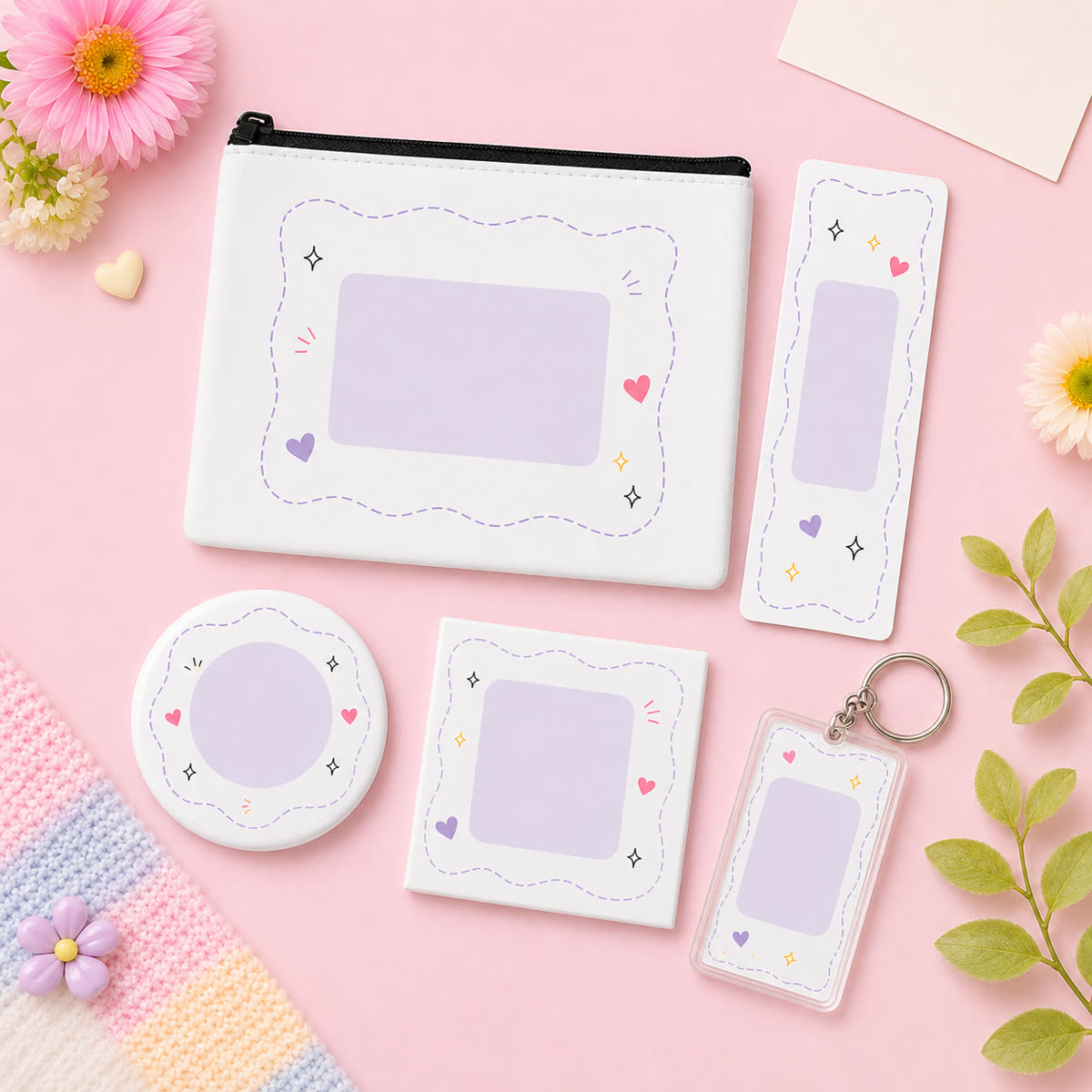 Affordable gift mix with a pouch, badge, bookmark, magnet, and keychain on a pink catalogue background