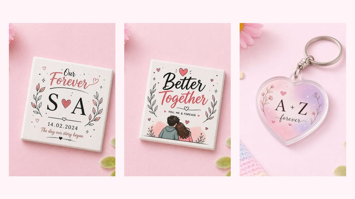 Anniversary gift ideas in Pakistan with a couple magnet, personalized mug, and heart keychain