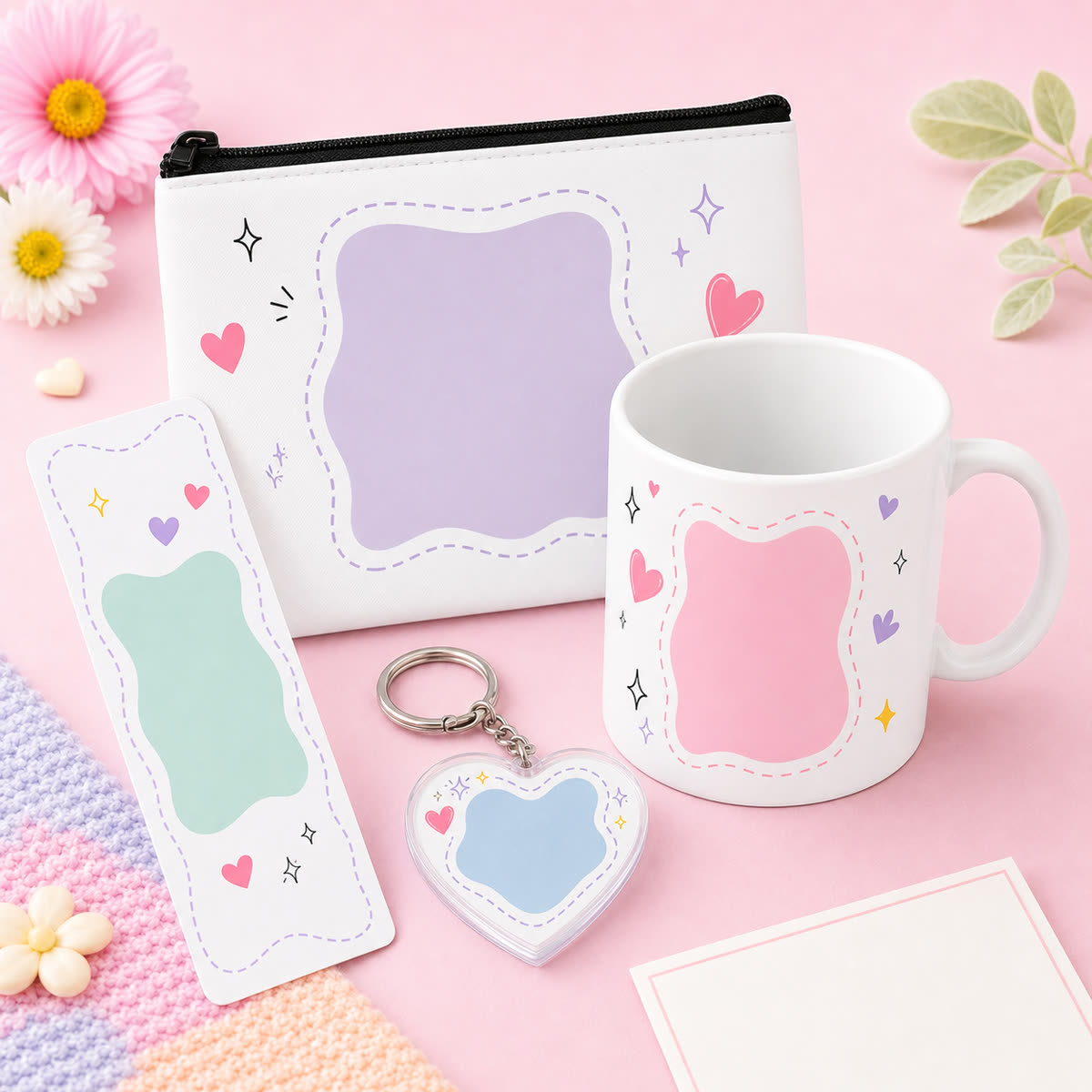 Best friend gift bundle with a custom pouch, mug, heart keychain, bookmark, and blank card