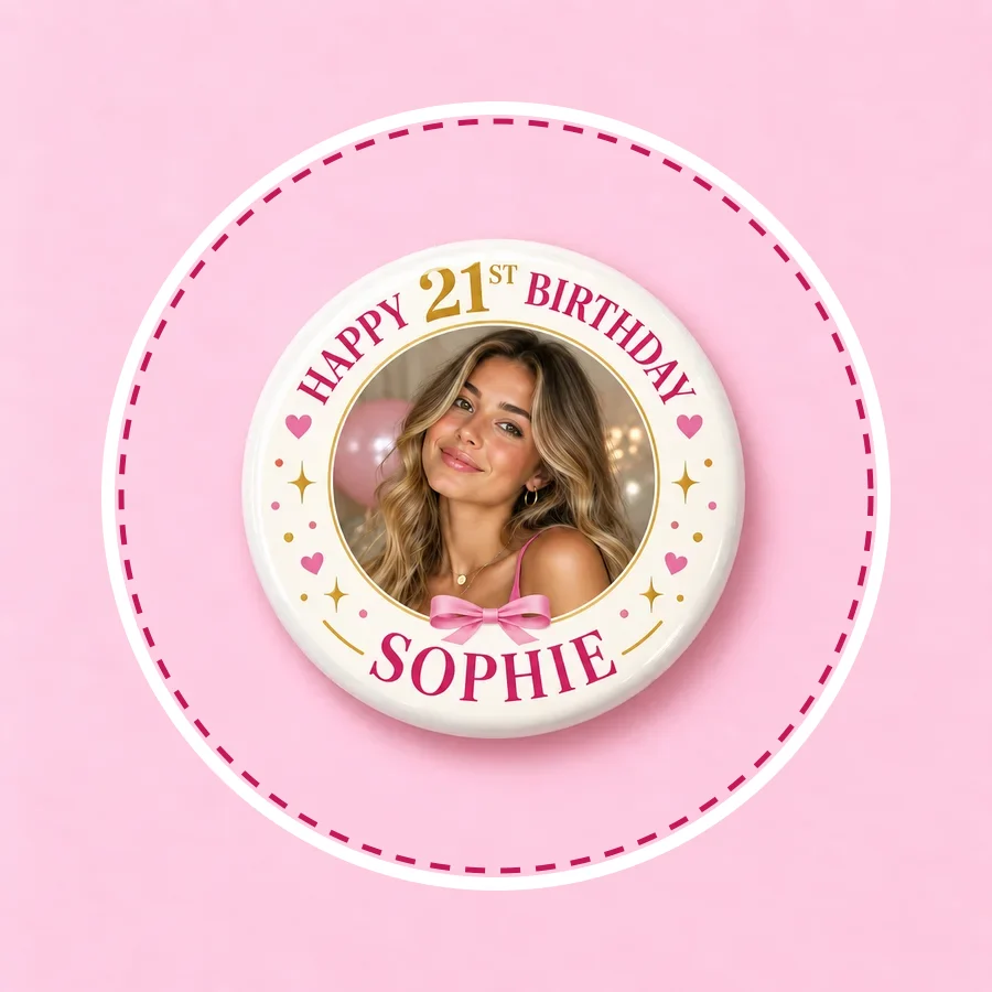 Photo placement guide showing a centered face and clear space around a round birthday badge crop