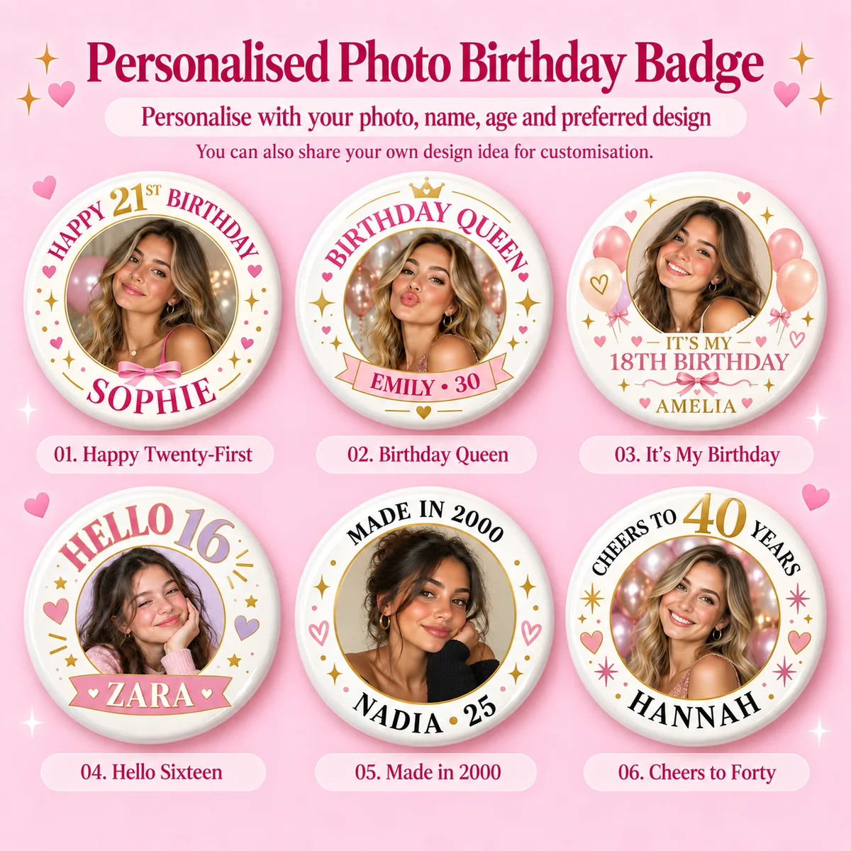 Six personalized photo birthday badge design previews with sample portraits