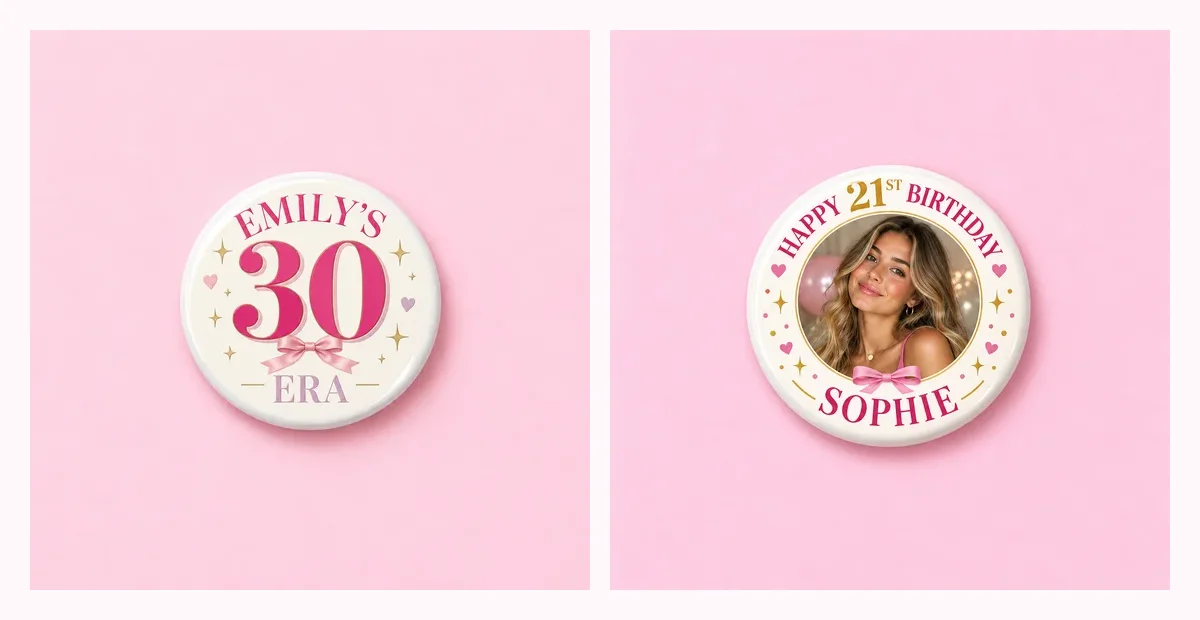 Comparison of text-led and photo-led personalized birthday badge styles