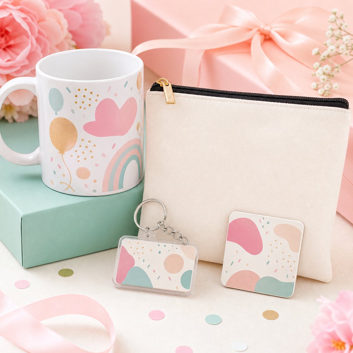 Birthday gift ideas in Pakistan with a personalized mug, pouch, keychain and small keepsake