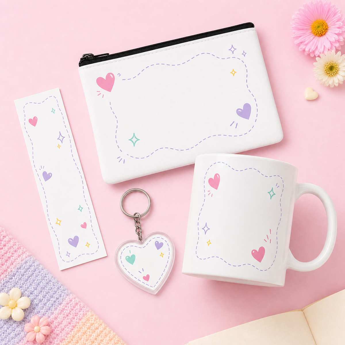 Reader gift bundles with bookmarks, mugs, pouches, keychains, notebooks, and stationery