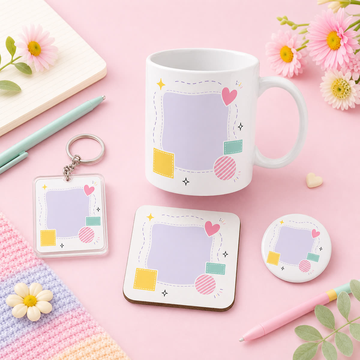 Brother gift bundle with a custom mug, rectangle keychain, coaster, badge, notebook, and pastel desk props