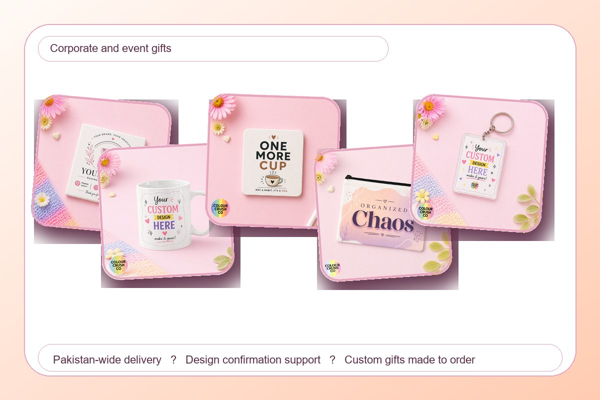 Corporate and event gift ideas in Pakistan with mugs, coasters, pouches and keychains