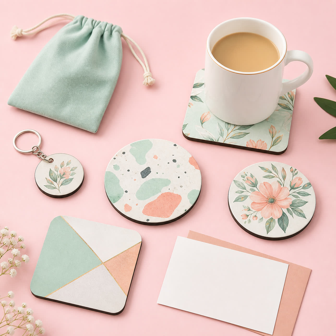 Coaster gift bundle with printed coasters, a mug, pouch, keychain, and blank card on a soft pink ecommerce tabletop