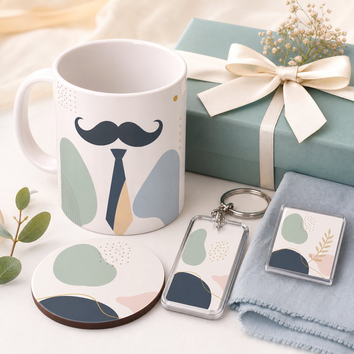 Father's Day gift ideas in Pakistan with a personalized mug, keychain, coaster and keepsake magnet