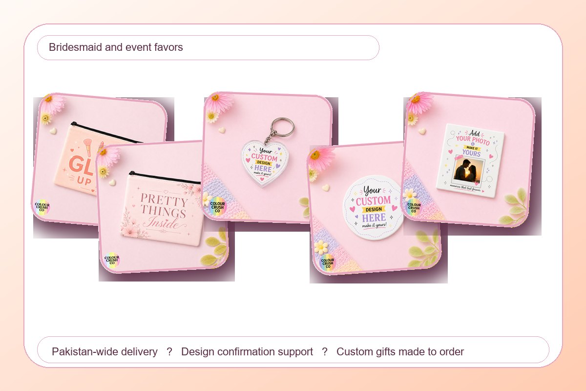 Bridesmaid and event favor gift ideas with pouches, keychains, coasters and magnets