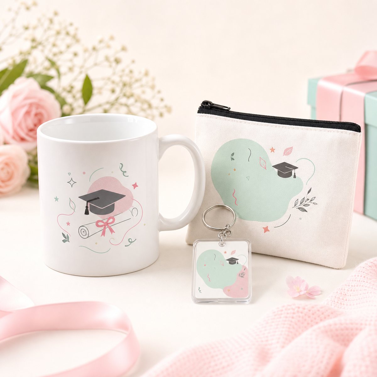Personalized graduation gift ideas in Pakistan with a custom mug, name keychain and pouch