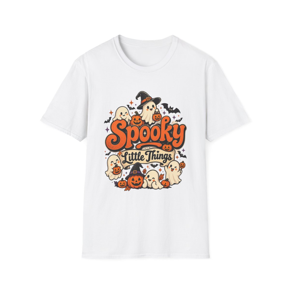 A white Spooky Little Things Halloween T-shirt with friendly cartoon ghosts