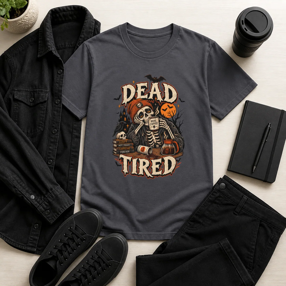 A charcoal Dead Tired Halloween T-shirt styled with black pants, sneakers, an overshirt, notebook and coffee cup