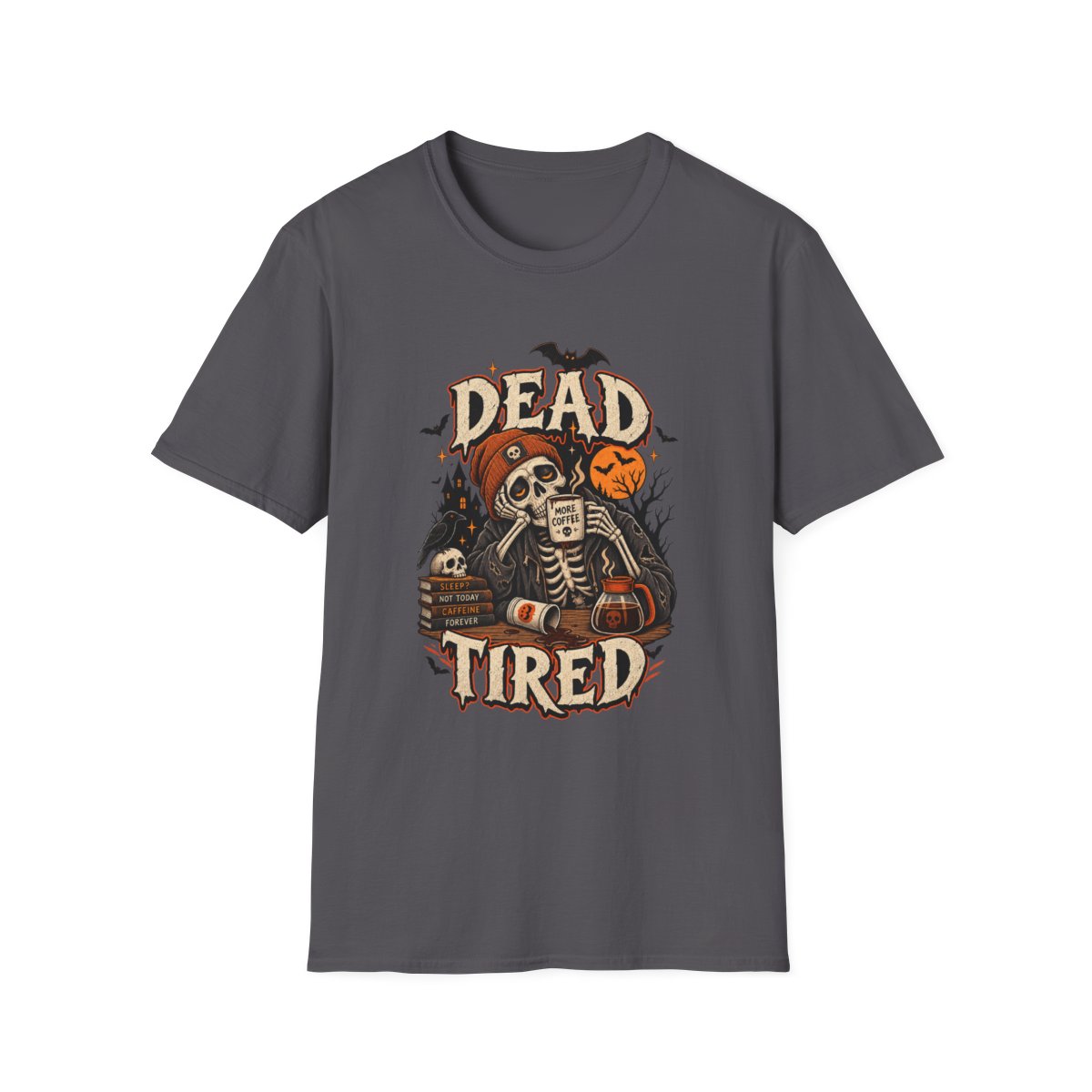 A charcoal Dead Tired skeleton coffee T-shirt for an easy work-friendly Halloween outfit
