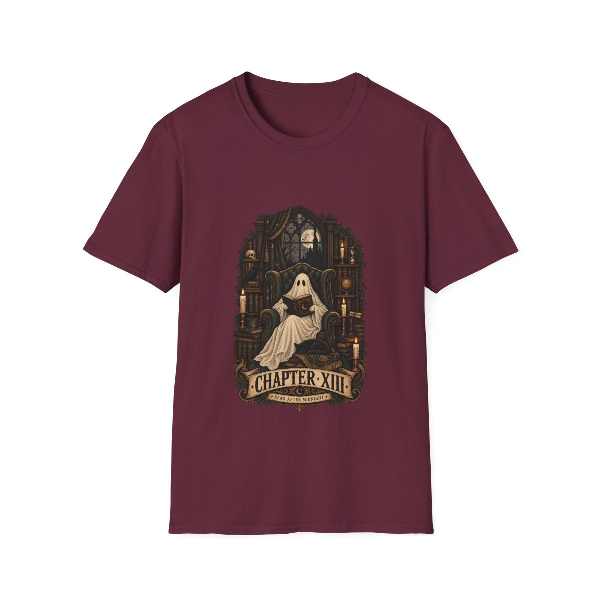A maroon bookish Halloween T-shirt showing a ghost reading after midnight