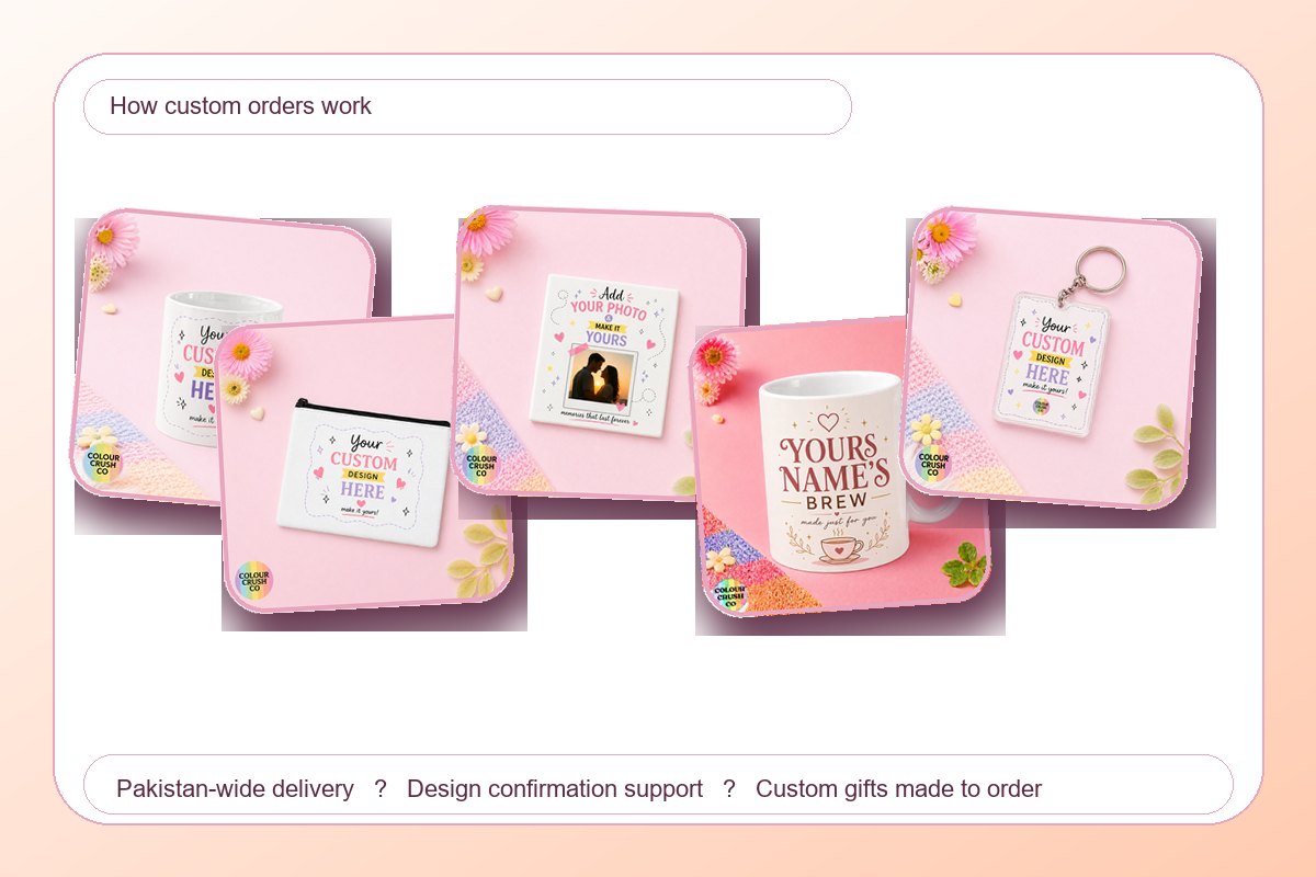 Colour Crush custom order process with mugs, pouches, magnets and keychains