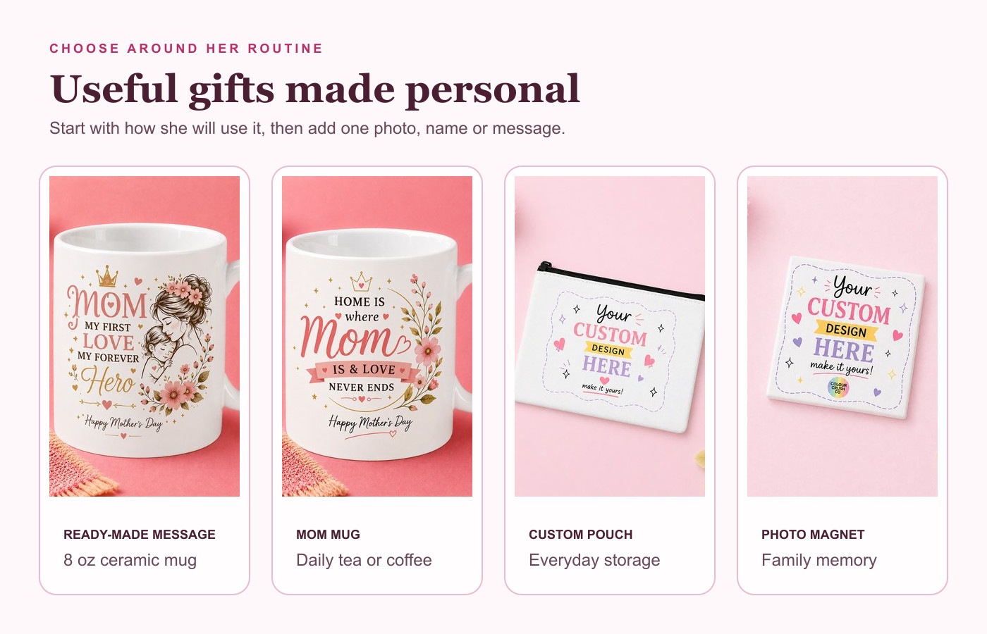 Personalized Mother's Day gifts with printed mom mugs, a custom pouch and a family photo magnet