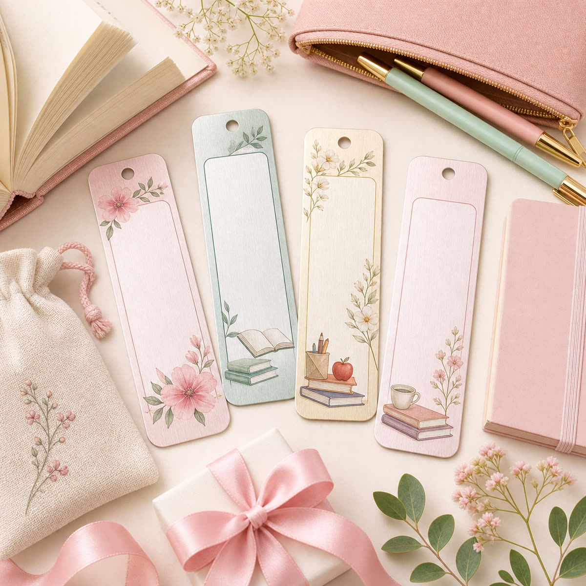 Custom bookmark gift bundle with aluminium bookmark designs, a book, pouch, pens, ribbon, and stationery add-ons