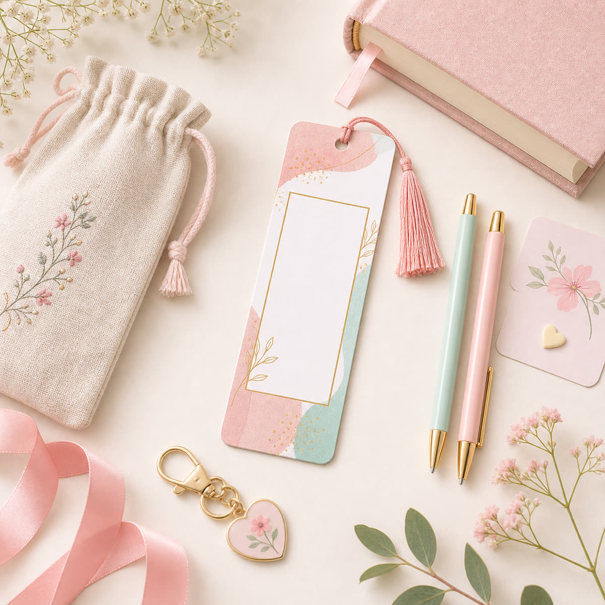 Custom bookmark gift bundle with a bookmark, book, pouch, pens, ribbon, and small stationery add-ons