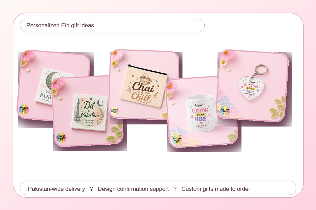 Personalized Eid gift ideas in Pakistan with mugs, keychains, pouches, coasters and photo magnets