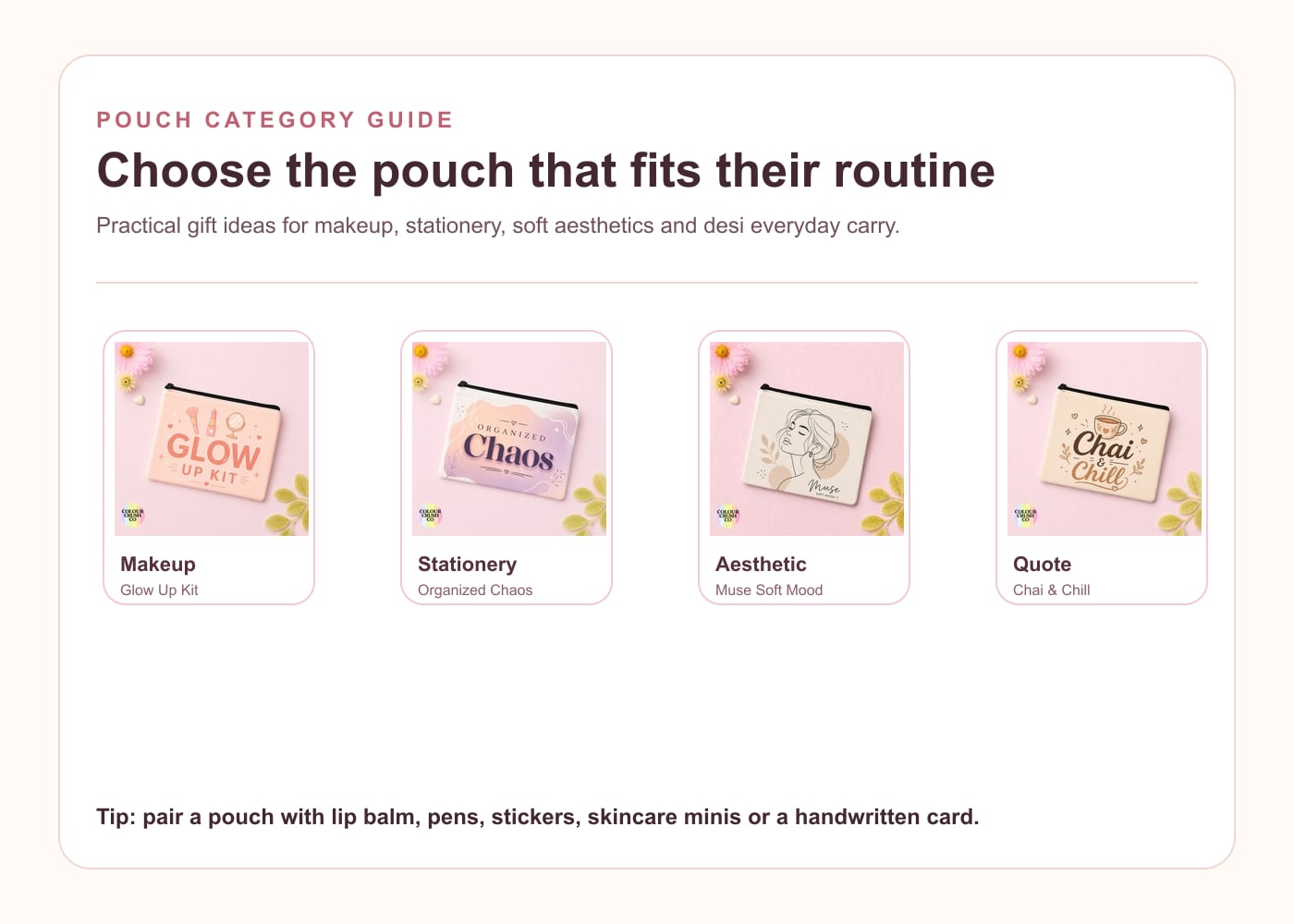 Personalized pouch gift ideas in Pakistan with makeup, stationery, aesthetic and desi pouch designs