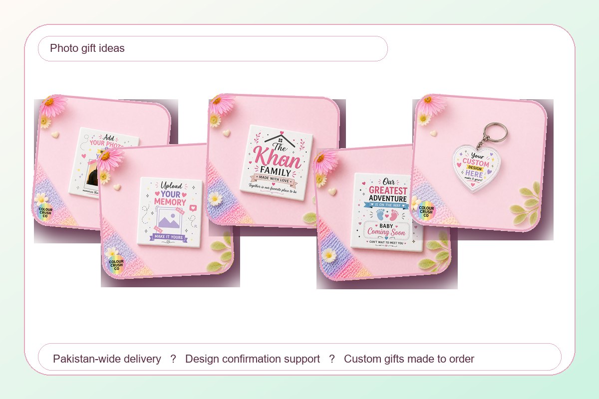 Photo gift ideas in Pakistan with photo magnets, mugs, keychains and family keepsakes
