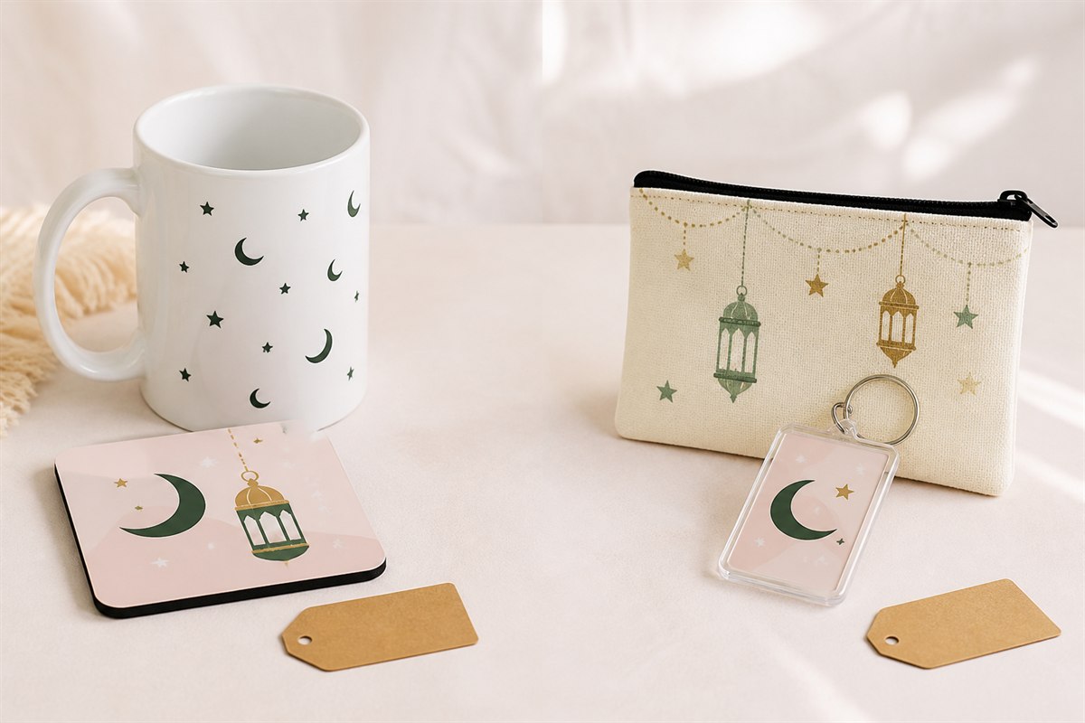 Personalized Ramadan gifts in Pakistan with a mug, MDF coasters, keychain and printed pouch