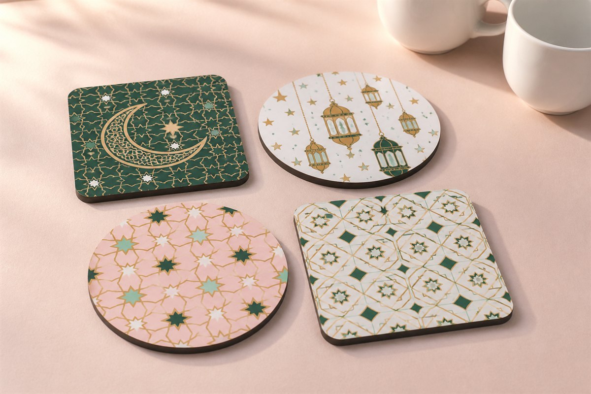 Coordinated square and round printed MDF coaster ideas for a Ramadan host gift