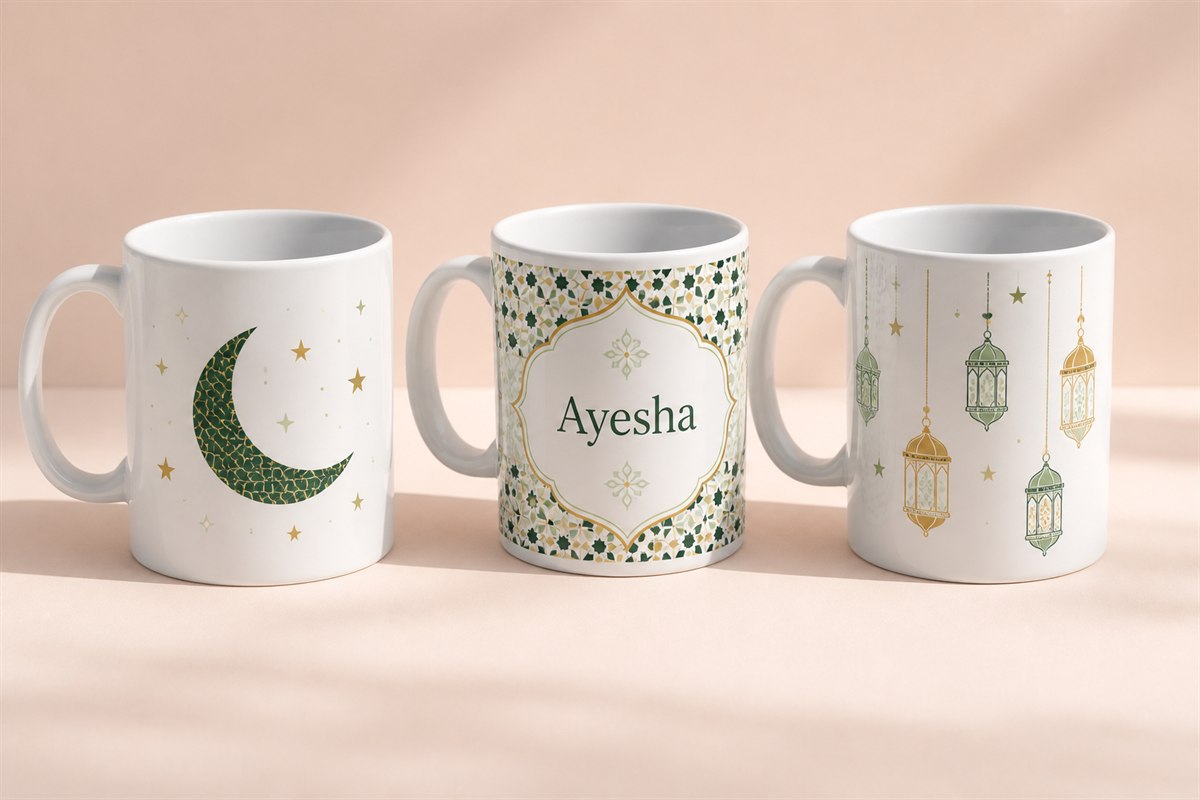 Three Ramadan mug design directions using a crescent, a personalized name and a lantern pattern
