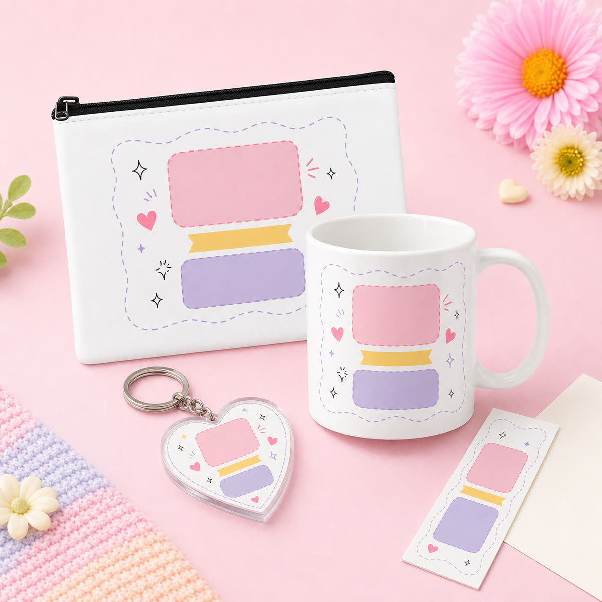 Sister gift bundle with a custom pouch, mug, heart keychain, bookmark, and blank card