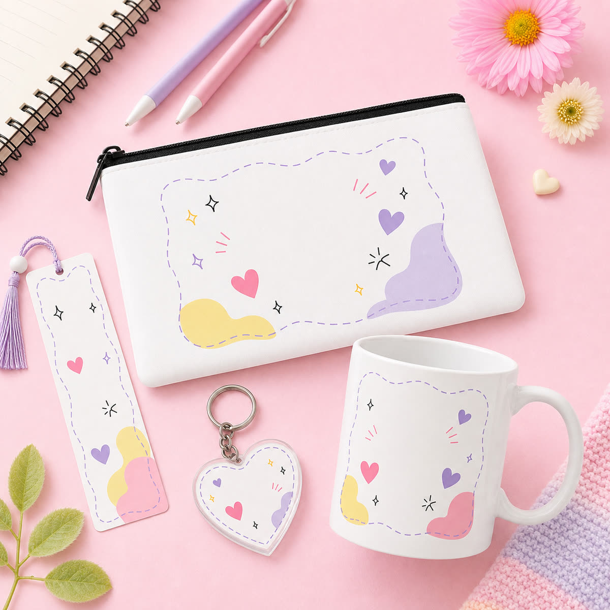 Student gift bundle with a personalized pouch, bookmark, mug, heart keychain, notebook, and pastel stationery