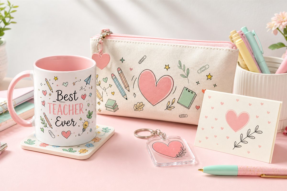 Teacher gift ideas in Pakistan with mugs, pouches, keychains and desk gifts