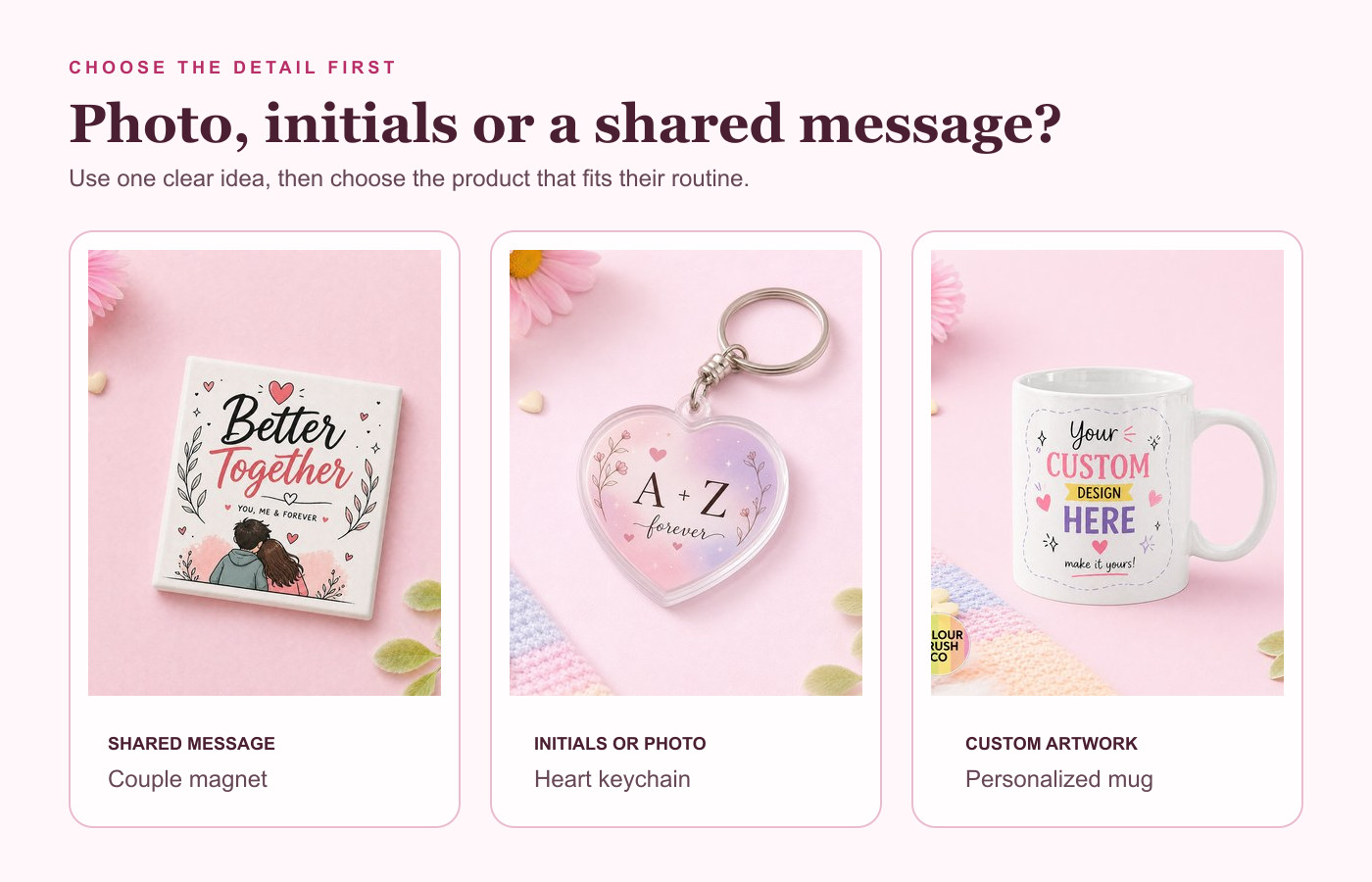Personalized Valentine's Day gift ideas with a couple magnet, heart keychain and custom mug